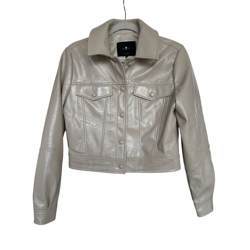 7 For All Mankind Cropped Faux Leather Trucker Jacket Pearl Ivory Size Small